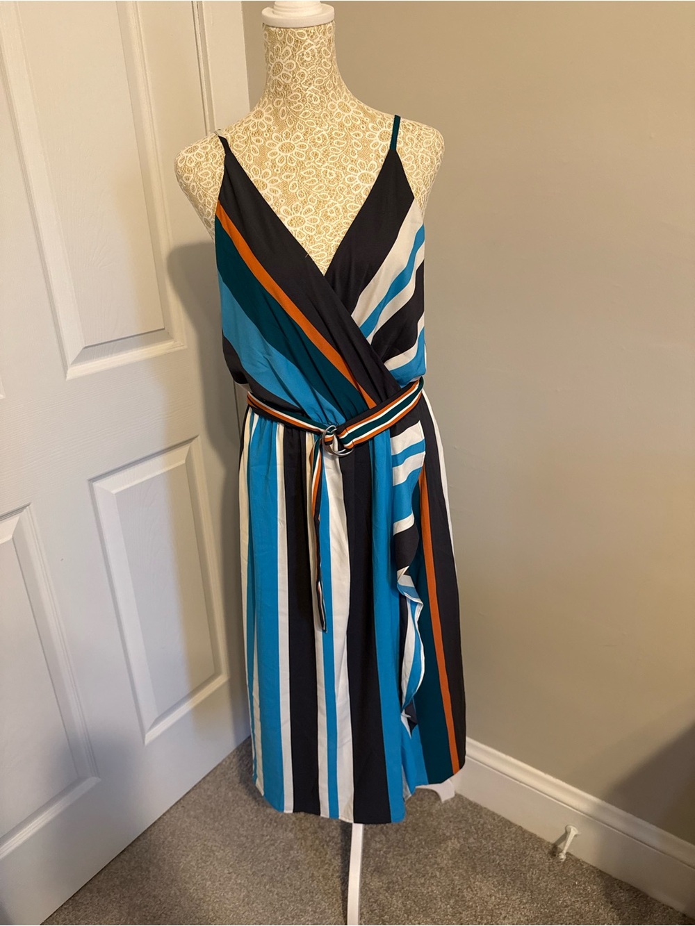 LOFT Striped Faux Wrap Midi Dress with Belt